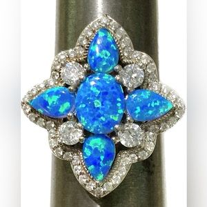 Blue Green Opal Oval Pear Cross Star Cluster Sterling Ring sz 5.5 NEW!